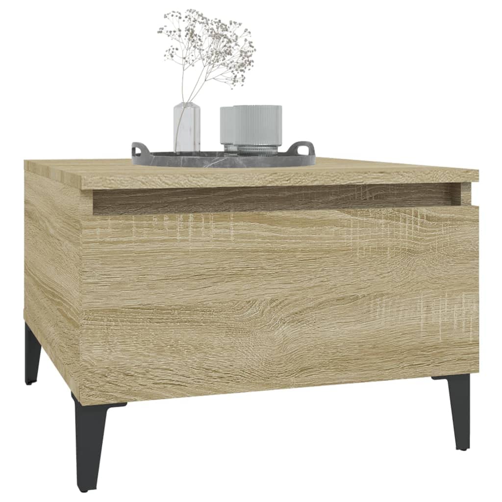 Stoliki pomocnicze, 2 sztuki, dąb Sonoma 50 x 46 x 35 cm, materiał drewnopochodny z szufladą i metalowymi nóżkami, stolik kawowy do salonu, sypialni, biura, nie zajmuje dużo miejsca i jest