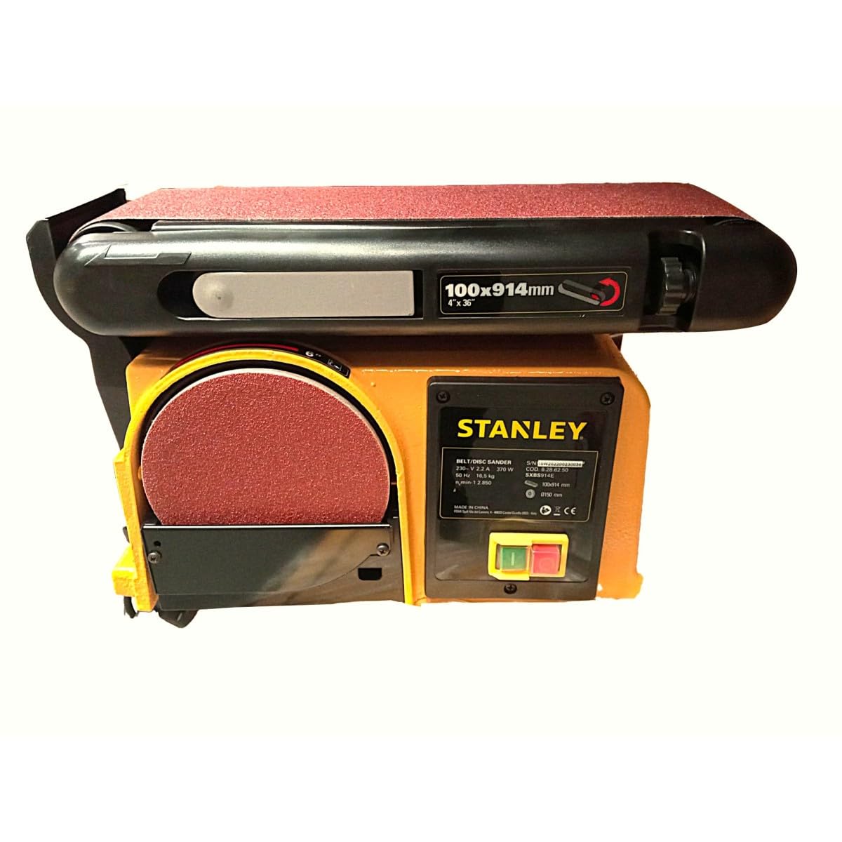 STANLEY - Ponceuse d'établi à bande et à disque SXGBL150E, moteur 370W induction silencieux, base en fonte stable, aspiration intégrée, pour ponçage bois et métal, bras réglable.