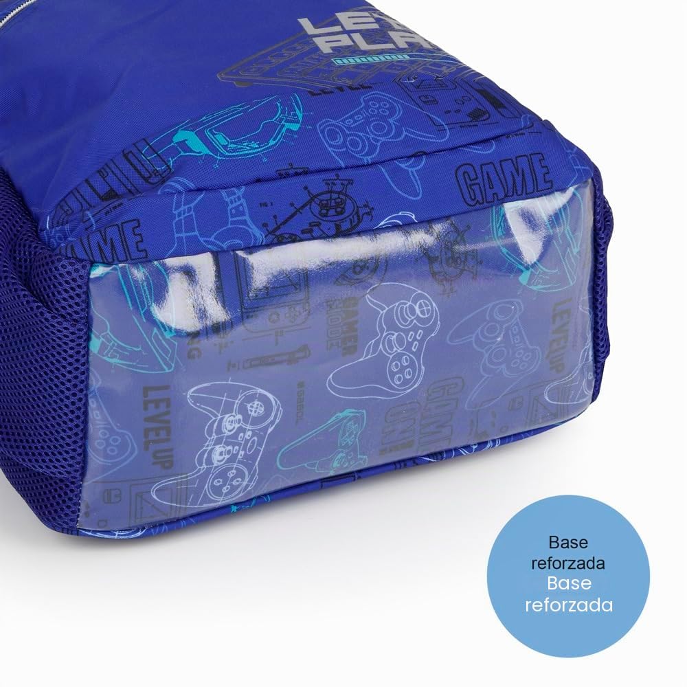 Gabol - Mochila Escolar Adaptable a Carro Gaming 31x41x15 cm - Espalda Termoformada y Bolsillo Lateral - Resistente al Agua con Cremalleras Cubiertas - Diseño Español en Poliéster - Azul