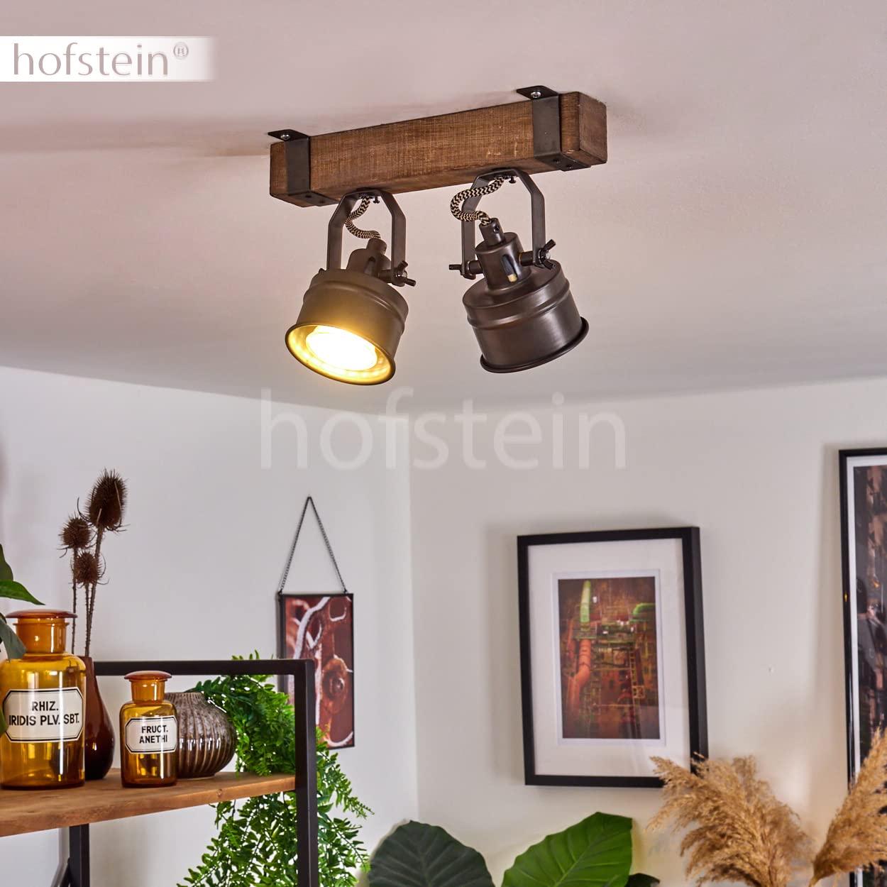 HOFSTEIN Pehefito Deckenleuchte – 3-flammiges Industrie-Design Mit Verstellbaren Schirmen, Metall/Holz In Grün-Grau