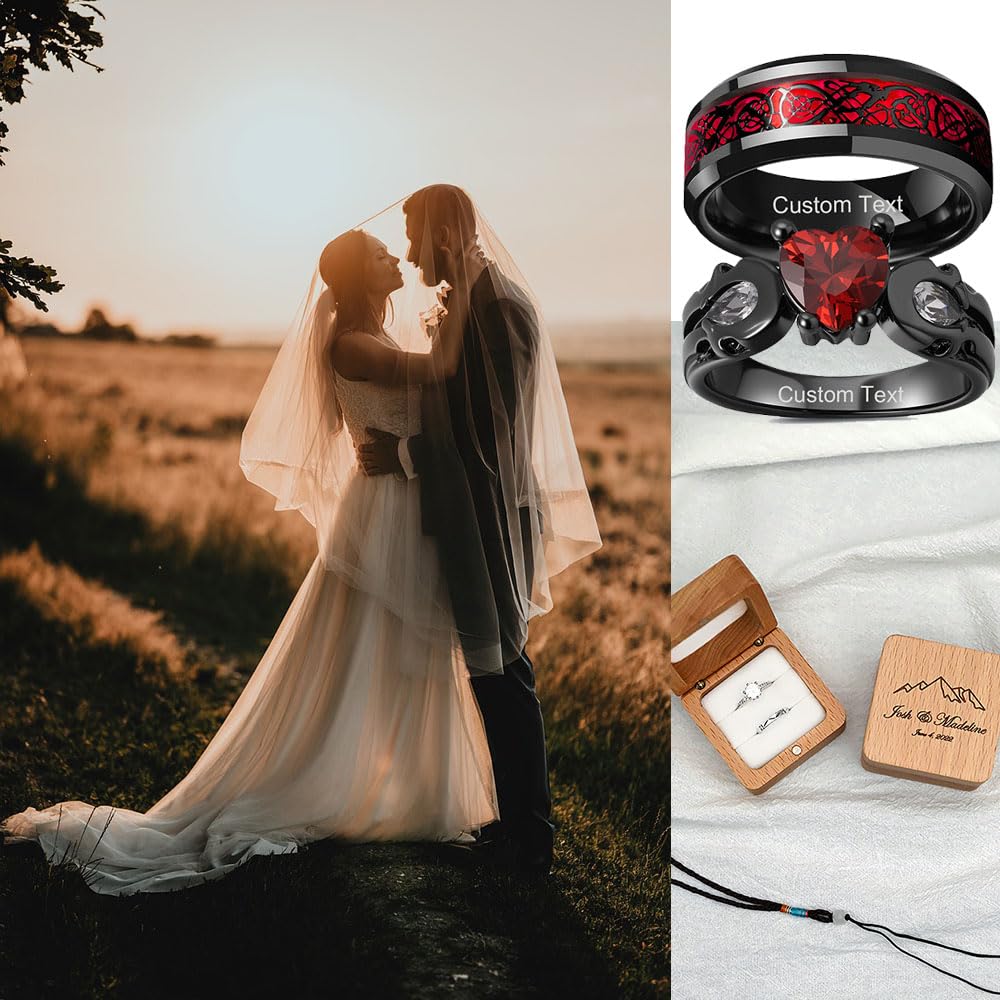 LeosHi Individuell graviertes Paar-Ring-Set, Versprechungsringe für Sie und Ihn, passende Herz-Verlobungsringe, personalisierte Herren-Eheringe für Damen, Größe 5–13
