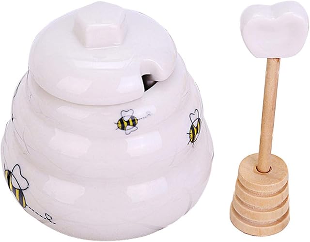 Xzbling Ceramic Honey Pot, Mini Ceramic Honey Jar With Lid And Dipper, Porcelain Honey Container, Giftable Beehive Honey Pot For Storage