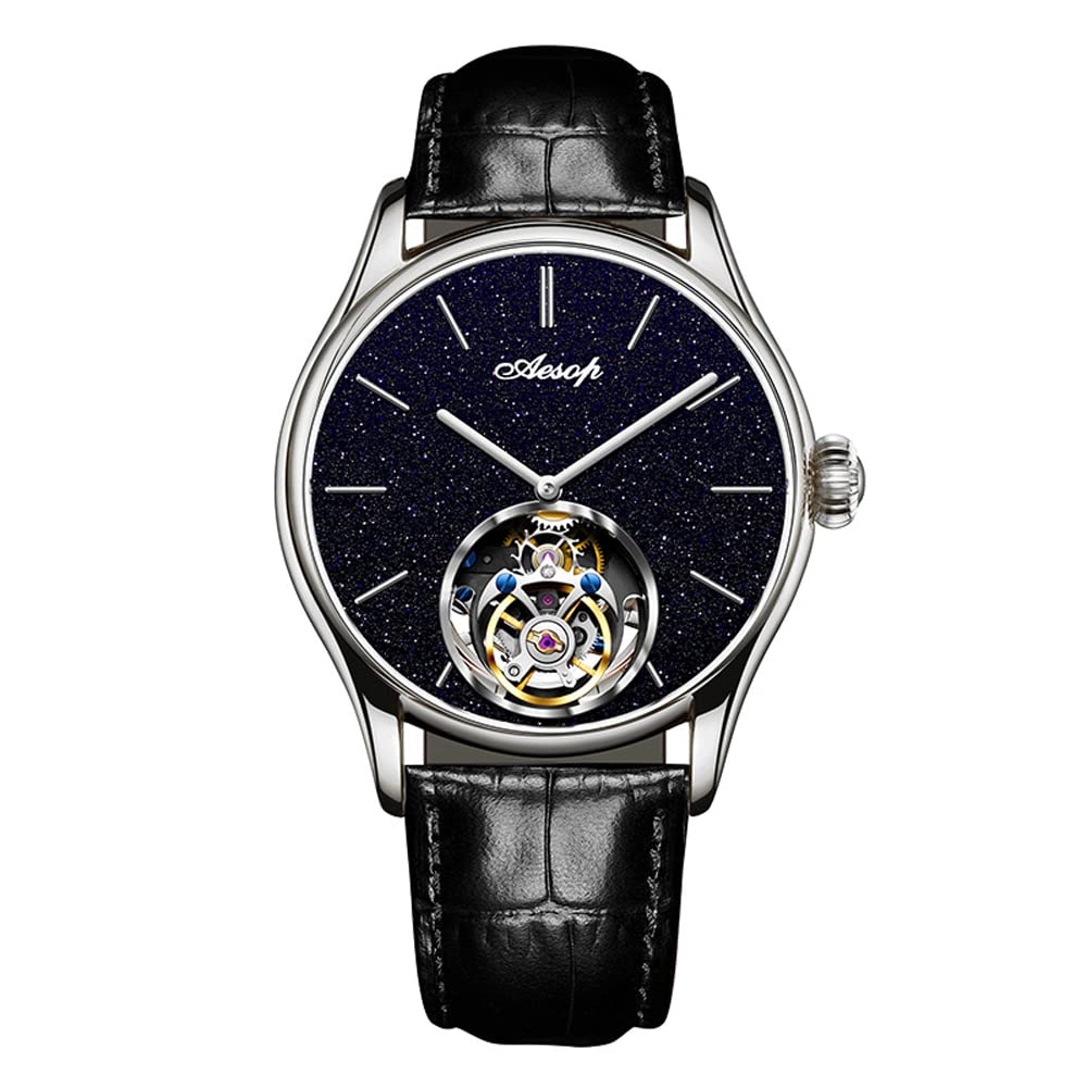 AESOPClassic Tourbillon Men Watch Sand Stone Dial Mechanical Tourbillon Movement Manual Analog Wristwatches Sapphire Waterproof Dress Business Watch for Men with Leather Strap 7050