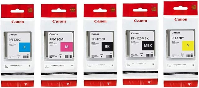 Canon PFI120 Pigment Ink Tank Bundle (Matte Black, Cyan, Magenta, Yellow, Black) in Retail Packaging