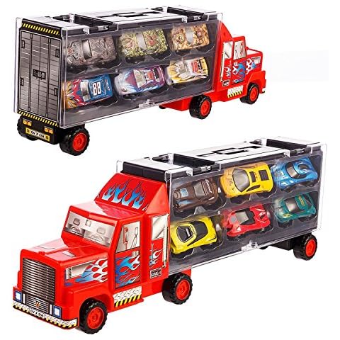 Tuko Car Toys Die Cast Carrier Truck Vehicles Toy for 3-12 Years Old Boy Girl Toy Gift(Includes 6 Alloy Cars,3 Animal Cars,3 Number Cars and Traffic Accessories)(Red) Cover