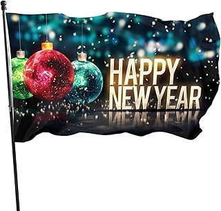 TECHEATO Flags Funny Happy New Year Flag Vivid Garden Flags Banners with Anti-Rust Metal Grommets Personalized Holiday Festival Flags Christmas Ball Happy New Year Flag 3x5 ft Decoration Accessory