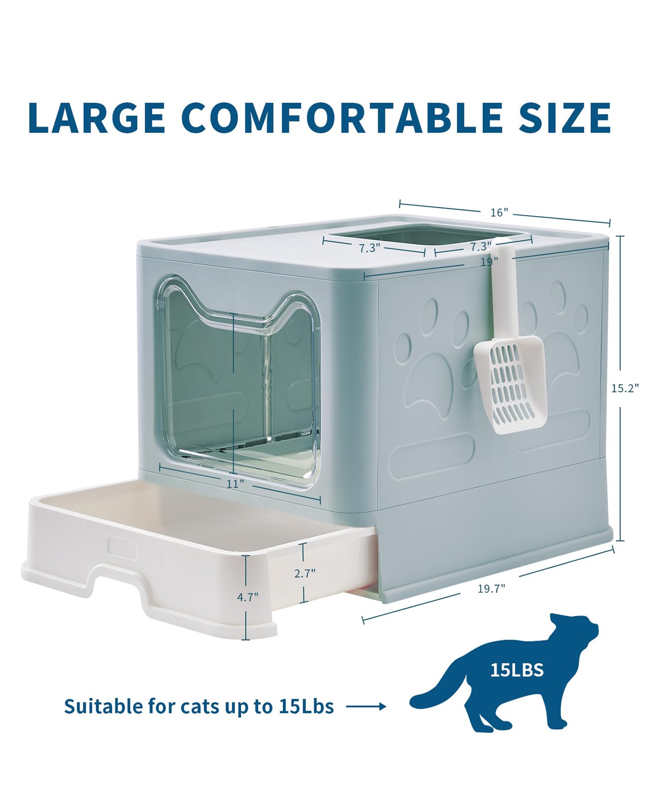 Medario Cat Litter Box with Litter Mat and Scoop, Large Covered Litter Box with Lid, Front Entry Top Exit Kitty Box, Odor Control, Easy to Clean (Blue) - image 4