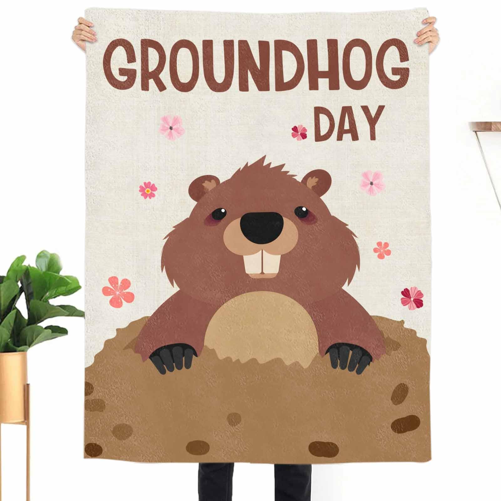 Fleece Blanket Happy Groundhog Day Blankets, Soft Cozy Warm Flannel Throw Blanket, Cute Animals with Pink Floral on Linen Blanket for Bed Couch Sofa