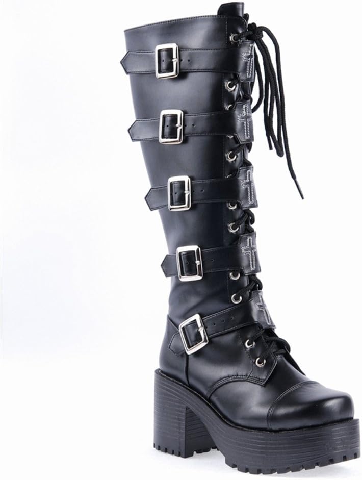 Lorie & Knight Japanese Harajuku Women Black Leather Buckle Straps Lace Up Gothic Punk Cosplay Platform High Boots