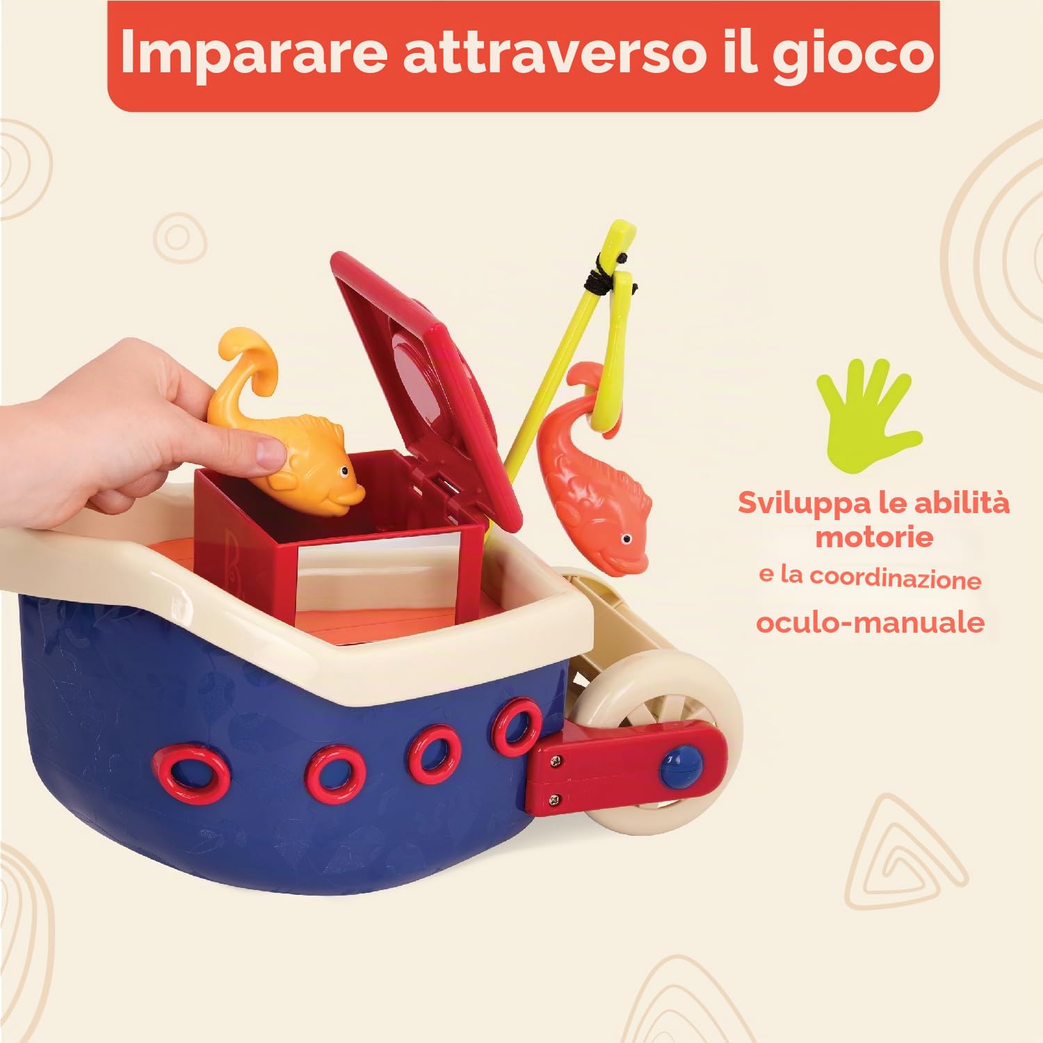 B. toys Fish N Splish, giocattoli da bagno con barca galleggiante | Set da bagno da 13 pezzi con barca galleggiante, capitano, 4 pesci, 3 tazze impilabili, amo e accessori marini, 1+ anni