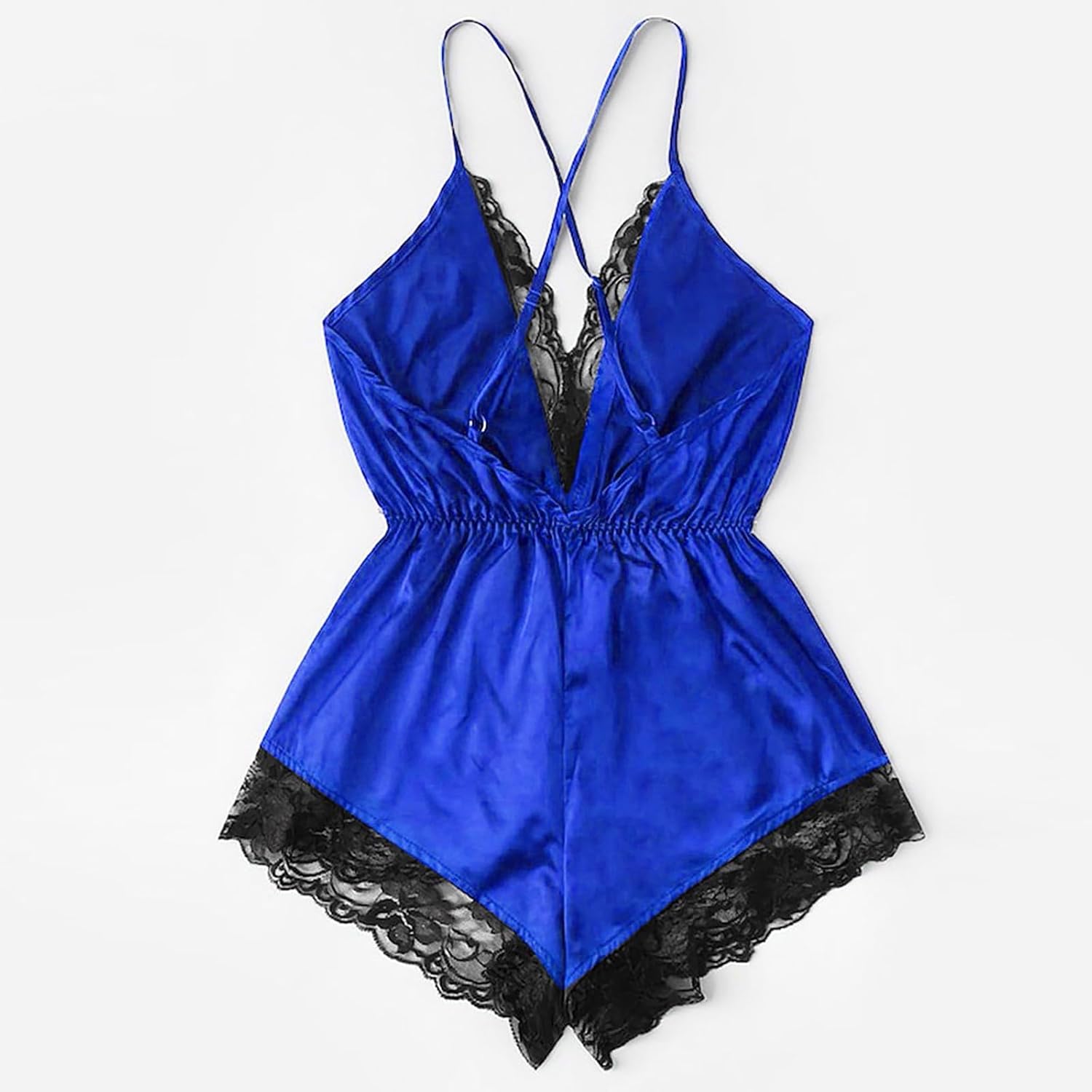FZYLQY Women's Sexy Satin Lingerie One Piece V Neck Lace Trim Babydoll Camisole Teddy Bodysuit Sleeveless Backless Sleepwear