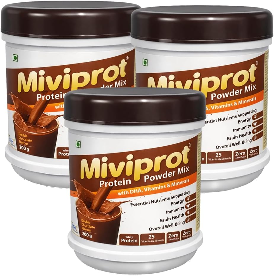 - Miviprot Whey Protein Supplement Powder with 25 Vitamins & Minerals & DHA for Energy Immunity & Brain Health | Overall Health Support | Sugar Free | Double Chocolate Flavor | 200 g (Pack of 3)