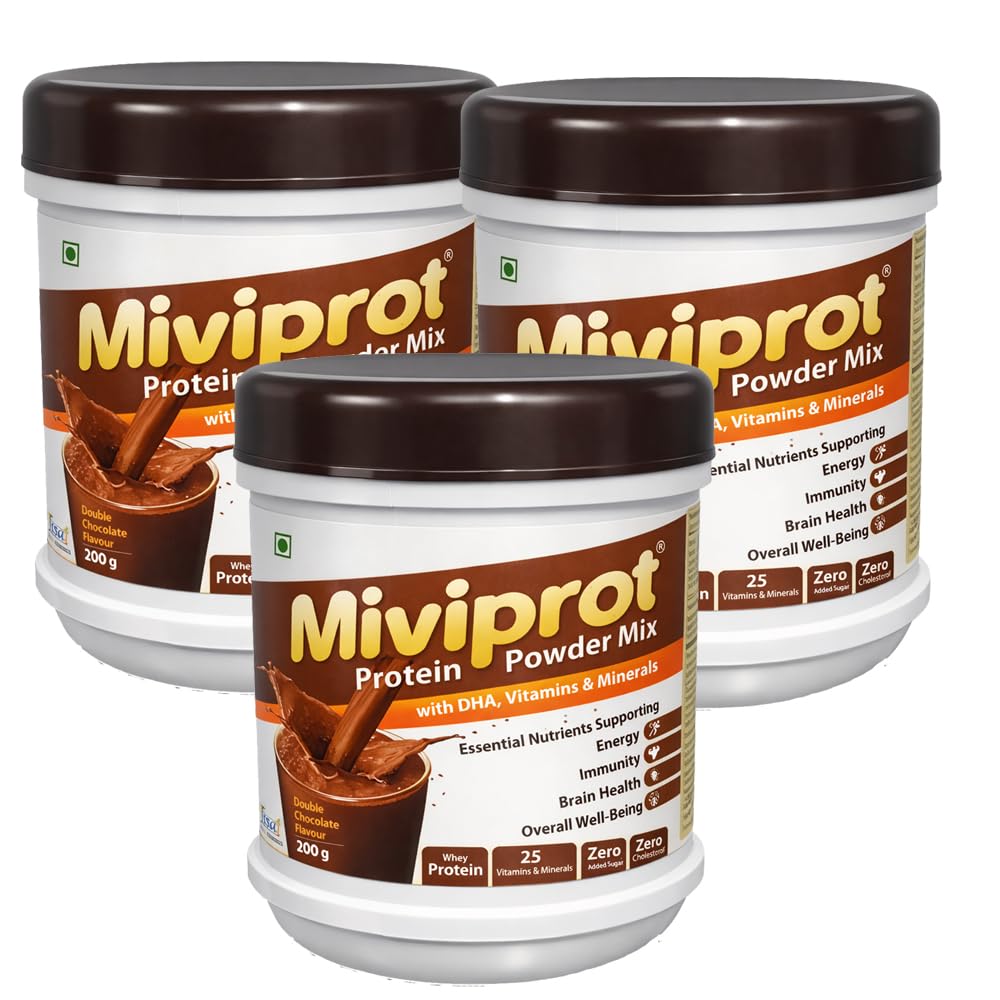 - Miviprot Whey Protein Supplement Powder with 25 Vitamins & Minerals & DHA for Energy Immunity & Brain Health | Overall Health Support | Sugar Free | Double Chocolate Flavor | 200 g (Pack of 3)