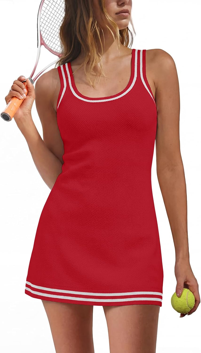 Dokuritu Tennis Dresses for Women Sleeveless Striped Knit Sweater Athletic Dress Tank Mini Active Club Workout Golf Dress
