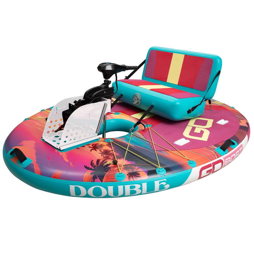 GoBoat Double Sunset 2-Person Inflatable Boat with Tropical Design | Electric Motor & Bac…