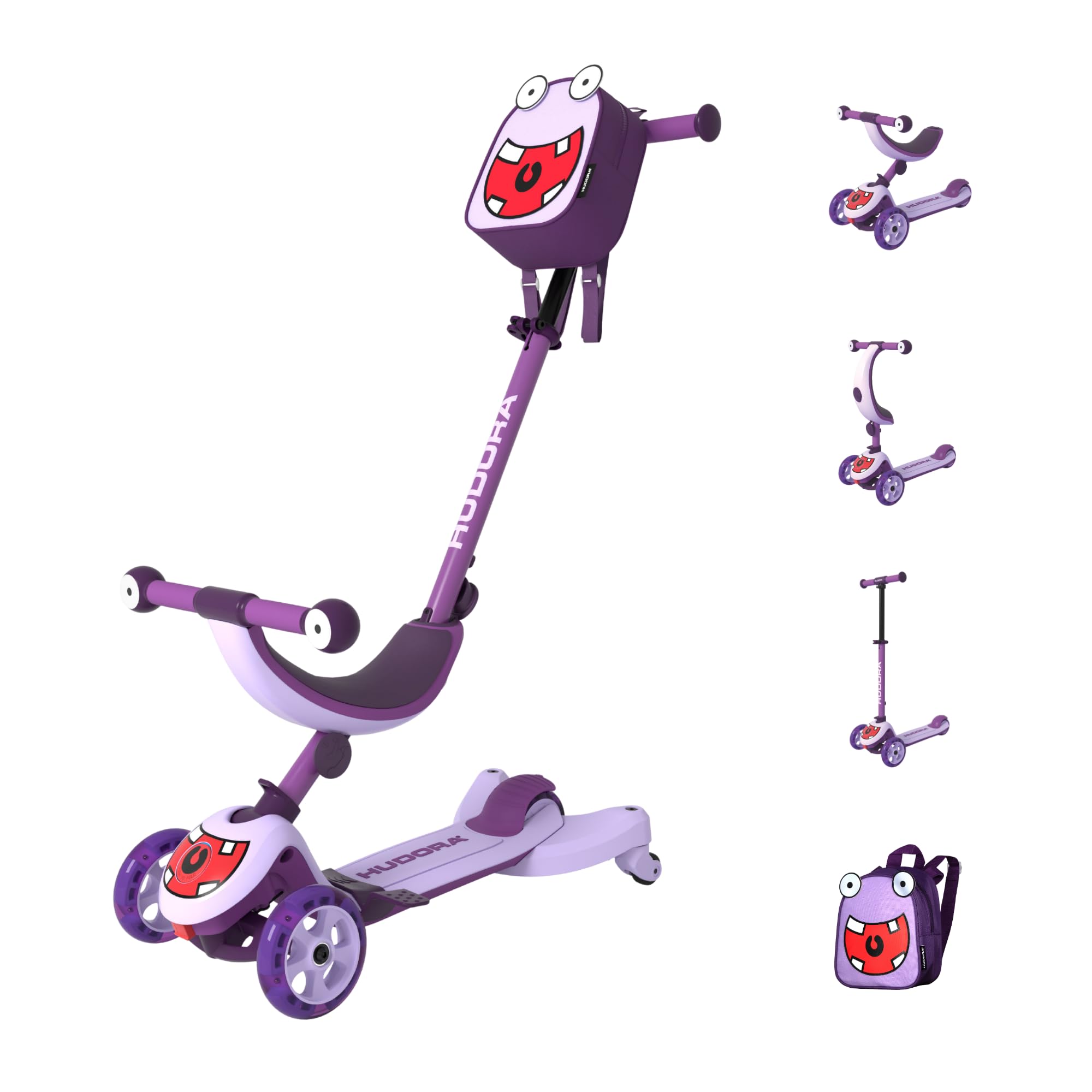 HUDORA Monopattino per bambini 4-in-1 con look mostro – triciclo cavalcabile e monopattino – ruote a LED e zaino – altezza regolabile – da 12 mesi – modalità seduta e guida – per bambini e bambine