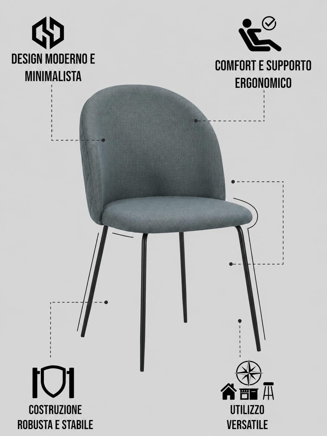 Cribel SEDIA TAMARA TESSUTO GAMBE NERE | Set 4 Sedie da Pranzo in Tessuto con Struttura in Metallo Nero | Design Moderno ed Elegante per Cucina, Soggiorno o Bar (VERDE OLIVA/GAMBE NERE)