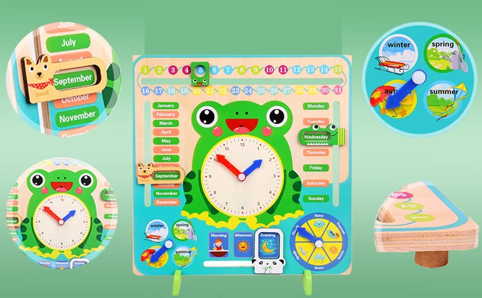 Image of PLUSPOINT Calendar Clock Wooden Learning Toys Kids, Multifunctional Wooden Frog Teaching Clock Calendar,Weather,Season,Time,Week Telling Preschool and Fun 3-14 Years Old