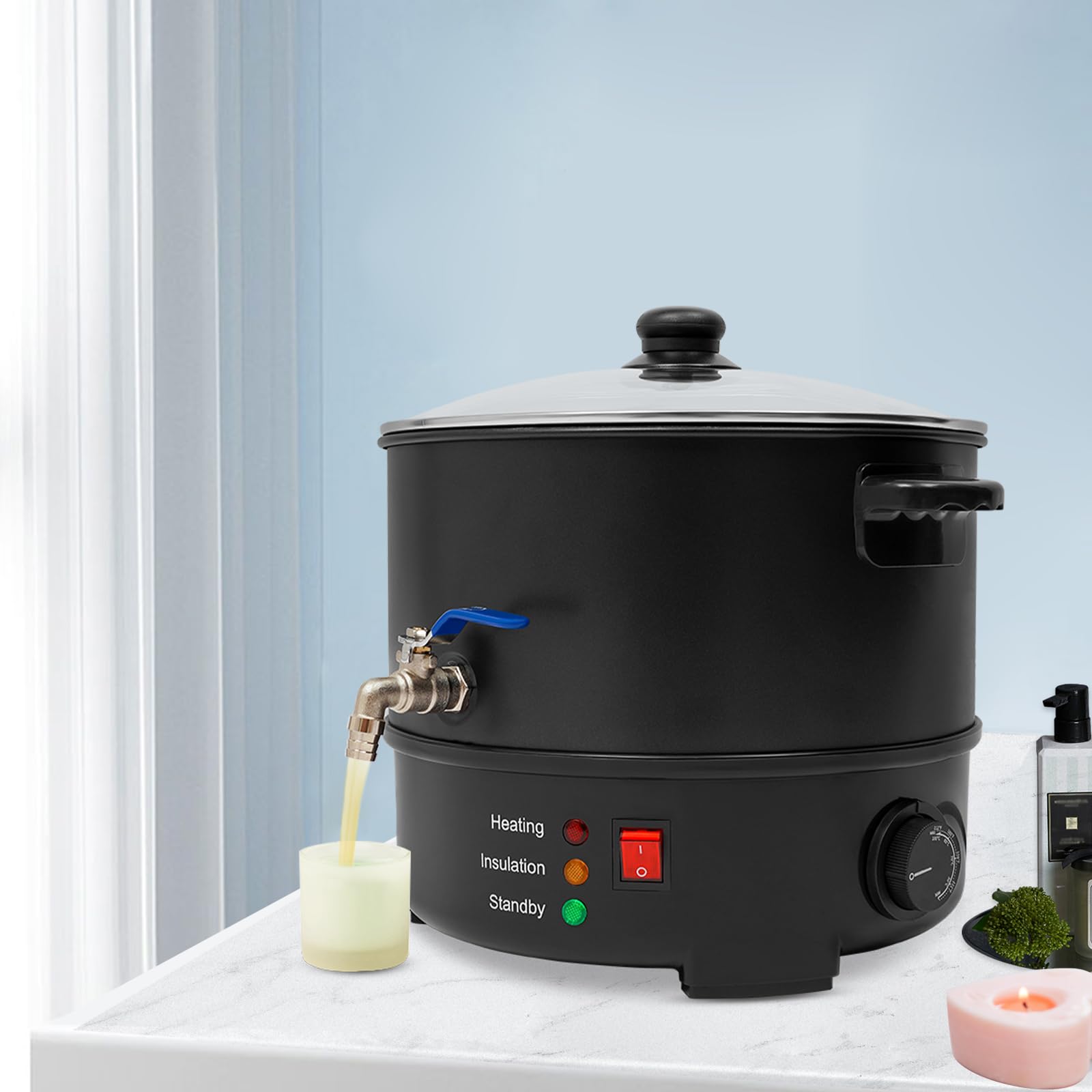 Quenoxo Cera elettrica da 8 l, potenza 1000 W, temperatura regolabile da 50 °C a 100 °C, con rubinetto di scarico e coperchio in vetro, per candele fai da te, saponi e arte in cera