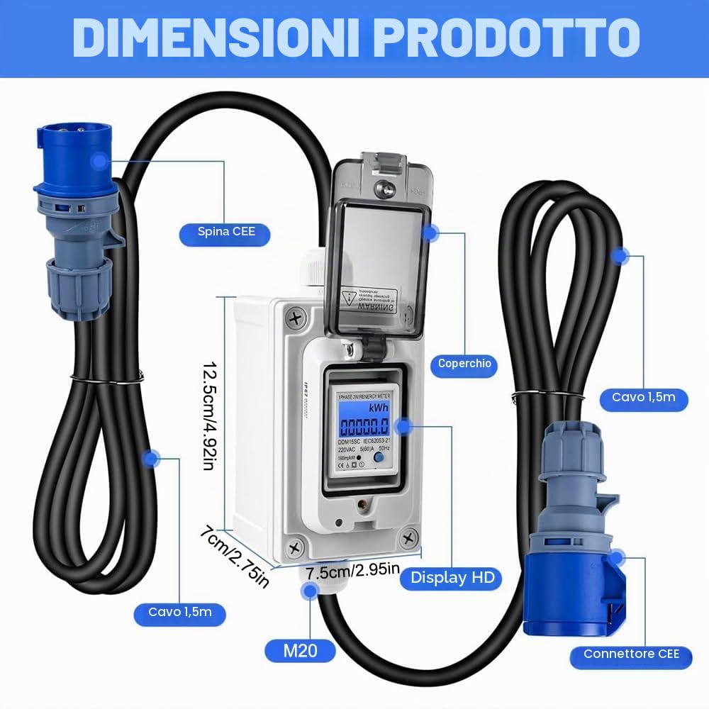 Contatore elettrico digitale portatile, 230 V, 16 A, per presa di corrente, per esterni, IP67, impermeabile, contatore intermedio per esterni, con cavo in gomma, portatile, per camper veicoli