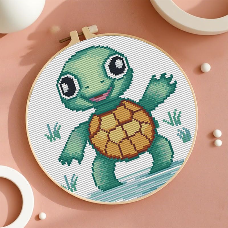 Image of Cartoon Simple Figure Sea Turtle 11CT Stamped Cross Stitch Kits with Hoop Easy for Beginners Child Needlepoint Counted Embroidery Kits Art Craft Wall Decor 12x12IN(4)