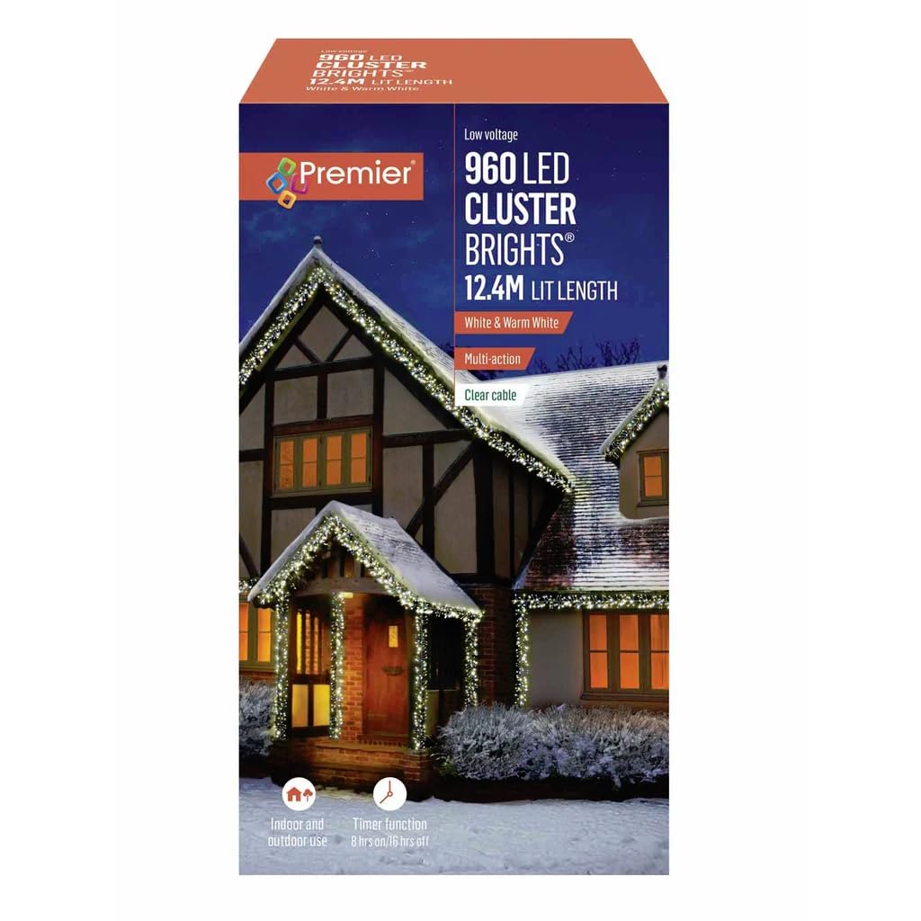 Premier White & Warm White 960 Led Cluster Brights Lights Clear Cable With Timer Function Indoor/Outdoor Use