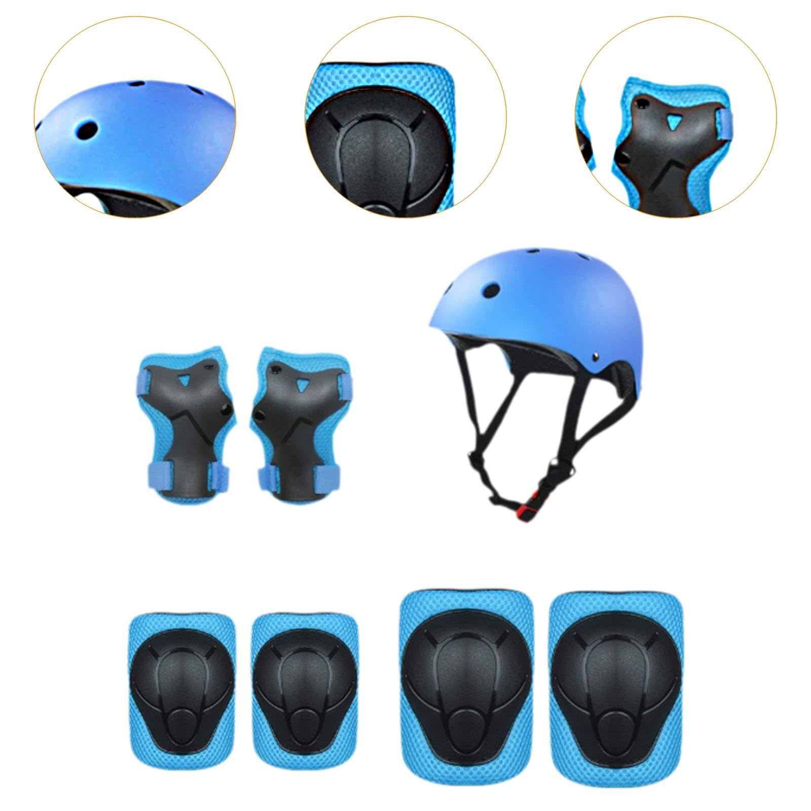 Conjunto de 7 Piezas de Casco de Bicicleta para Niños con Protección, Amortiguación de Impactos, Coderas Y Rodilleras para Ciclismo Y Deportes, Azul
