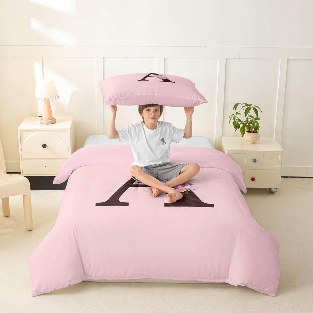 Erosebridal Pink Brown Duvet Cover Toddler Size Initial Letter A Bedding Set for Kids Boys Girls Flower Initial Comforter Cover Simple Style Bedclothes Room Decor