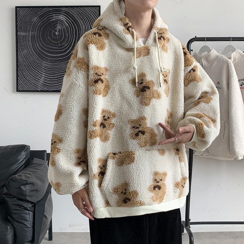 Bear Print Puffy Fuzzy Fleece Hoodies for Men Kawaii Long Sleeve Oversized Hooded Pullovers Autumn Baggy Sweatshirt2