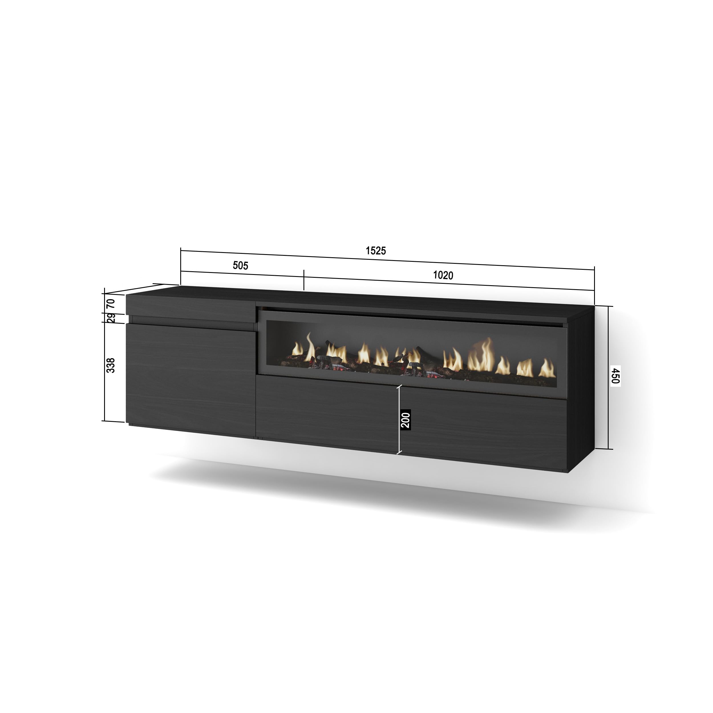 Skraut Home | Mobile TV Soggiorno | Ampio spazio a disposizione | 150x45x35cm | Per TV fino a 65" | Camino elettrico | Sospeso, da appendere | Stile moderno | Nero