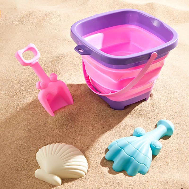 TLHWIN Robuste Strandspielzeug-Set，Sandspielzeug Set für Kinder, Faltbarer Silikon-Eimer mit Schaufeln und Muschelförmiger Sandform. (Lila)