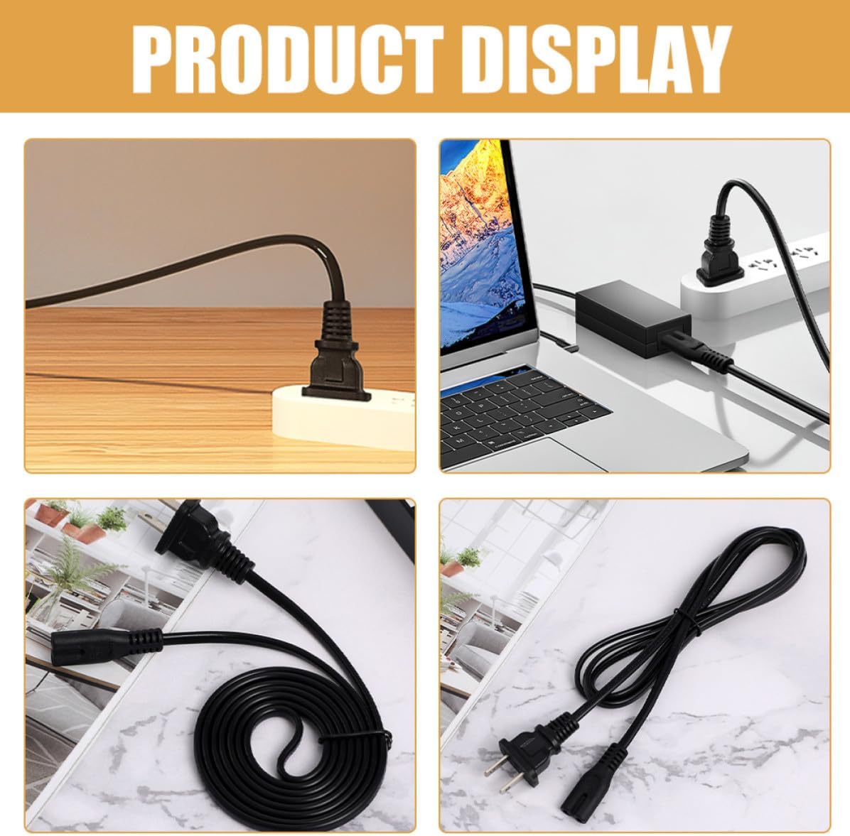 NUOBESTY 2-Prong Power Cord Replacement Stable Power Supply 4pcs with Double-Hole 8-Shaped Design PVC and Copper Material, 1.5m Length and Computer for Tv, Computer, and Home Appliances