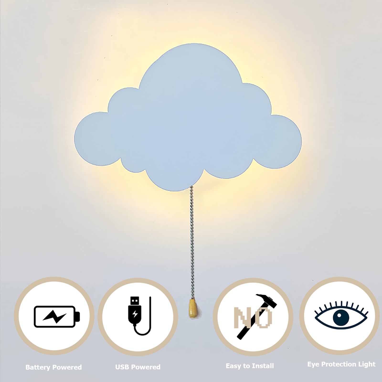 Chrasy Applique Murale LED Enfant 5W Nuage/Étoile Applique LED Veilleuse à Tirette Lumière Chaude Douce, Double Alimentation USB/Piles, en Fer Blanc pour Chambre Bébé, Lecture, Décorative (Nuage)