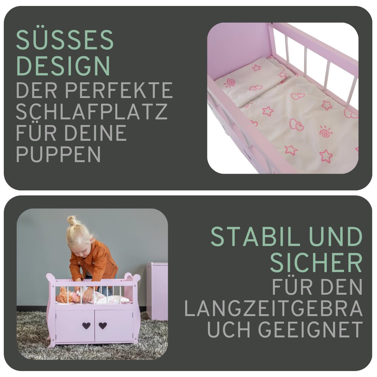 Bandits & Angels Puppenbett Sweetheart aus Holz mit Schrank rosa – Puppenbett aus Holz – geeignet für Puppen bis 46 cm – inklusive Decke – Puppenbett – Puppenmöbel