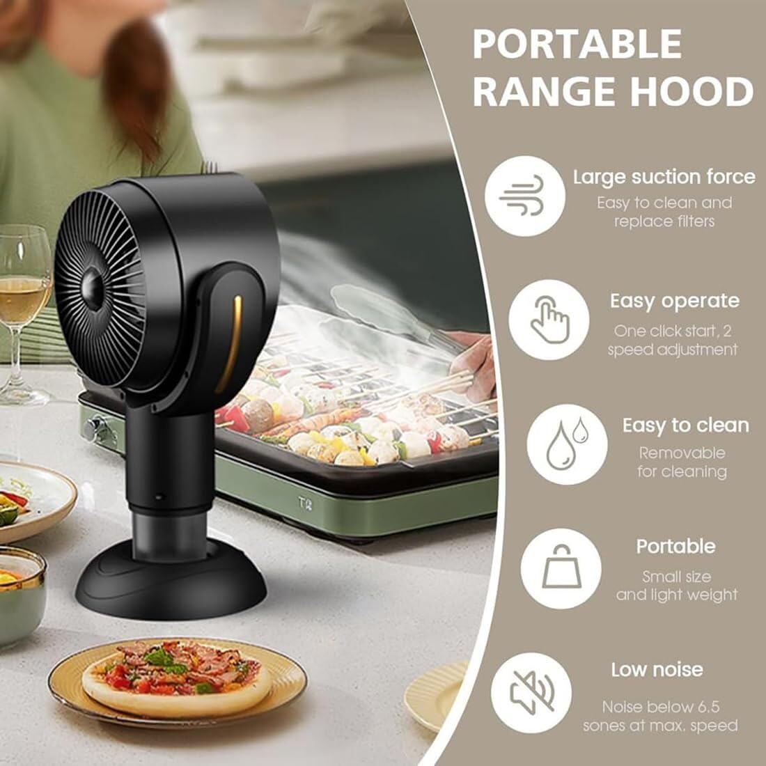 Campana extractora portátil de cocina con extractor de 2 velocidades para barbacoa | Campana extractora de sobremesa | Filtración de humos silenciosa | Rejilla de filtro desmontable | Aceite