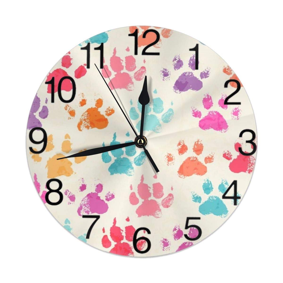 KiuLoam Colorful Dog Paws Print Vinatge Round Wall Clock Silent Non Ticking Battery Operated Easy to Read for Student Office School Home Decorative Clock Art