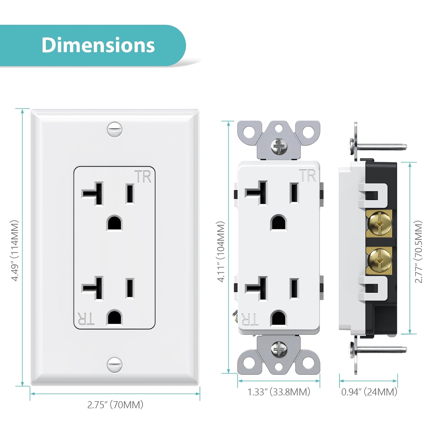WEBANG 20-Amp 125V Decorator Wall Outlet, Tamper-Resistant Duplex Receptacle for Residential & Commercial Use, Wall Plate Included, 2-Pole, 3-Wire Self-grounding, ETL Listed, 20 White
