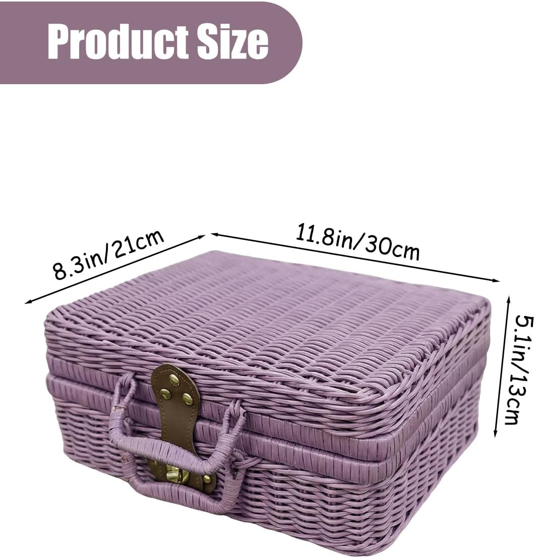 Imitation Wicker Picnic Basket, Small Picnic Basket Imitation Metal Lock Rattan Storage Box with Handles, Imitation Wicker Baskets with Handles for Travel Camping Outdoor Party (Purple) image 2