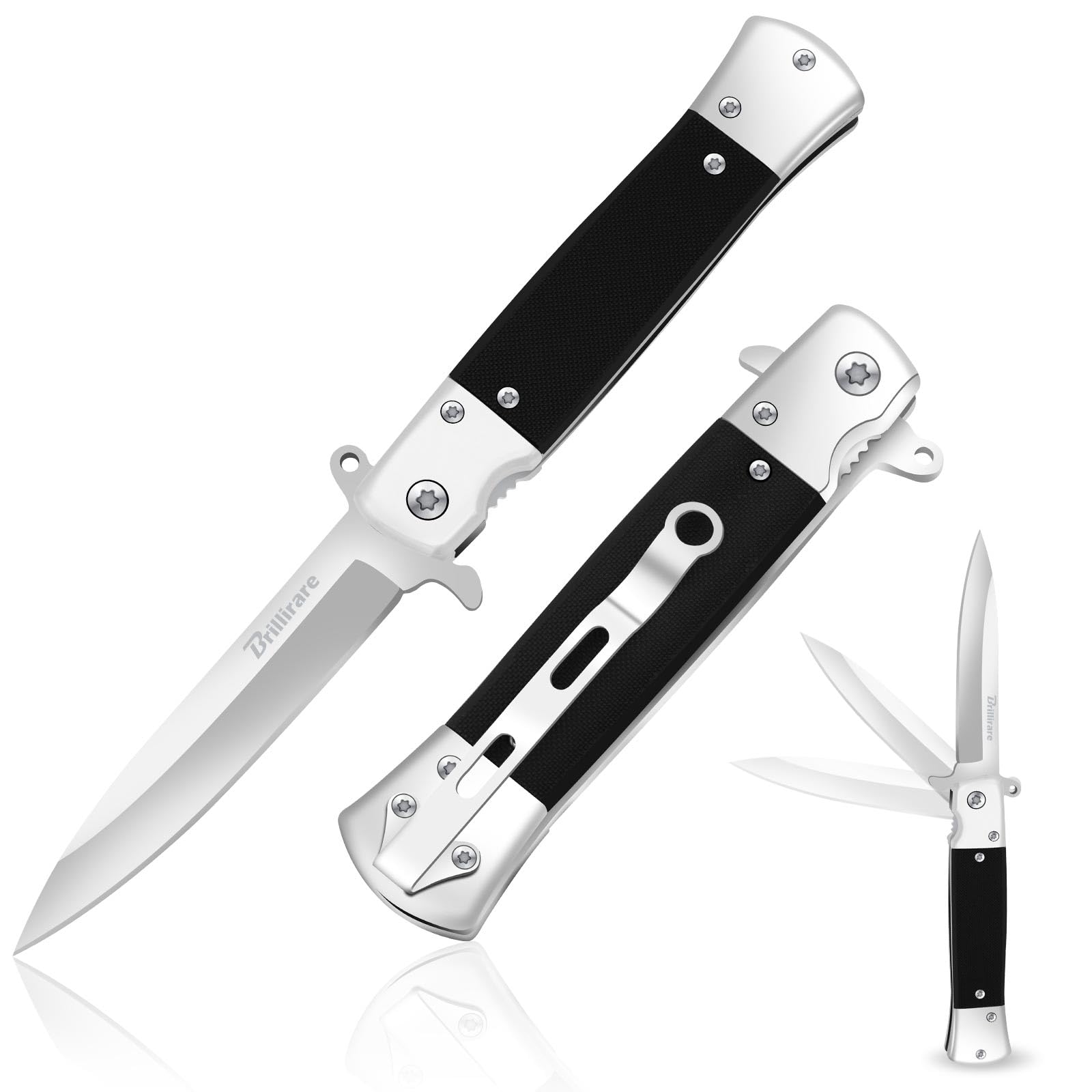 BRILLIRARE Pocket Knife, Folding Wood Knives Blade 4in, Foldable Survival Small Knife with Pocket Clip, Sharp Steel Blade, Button Lock & Glass Breaker...