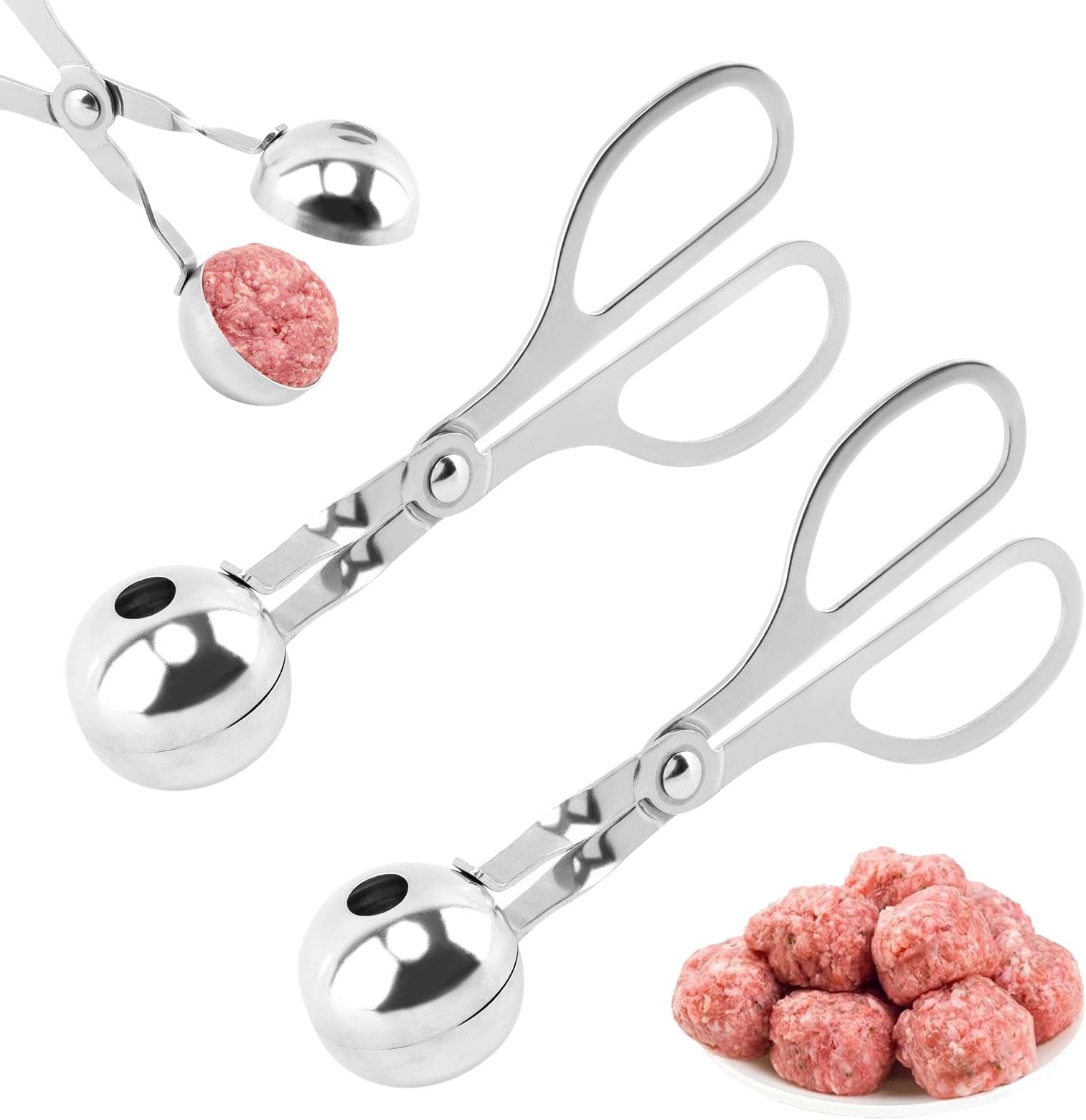 2PCS Stainless Steel Meat Baller,None-stick Meatball Scoop Ball Maker,Meatball Maker Tool,Meatball Maker tongs for Cake, Cookie Dough, Melon Fruits, Rice Mold Maker(1.38")