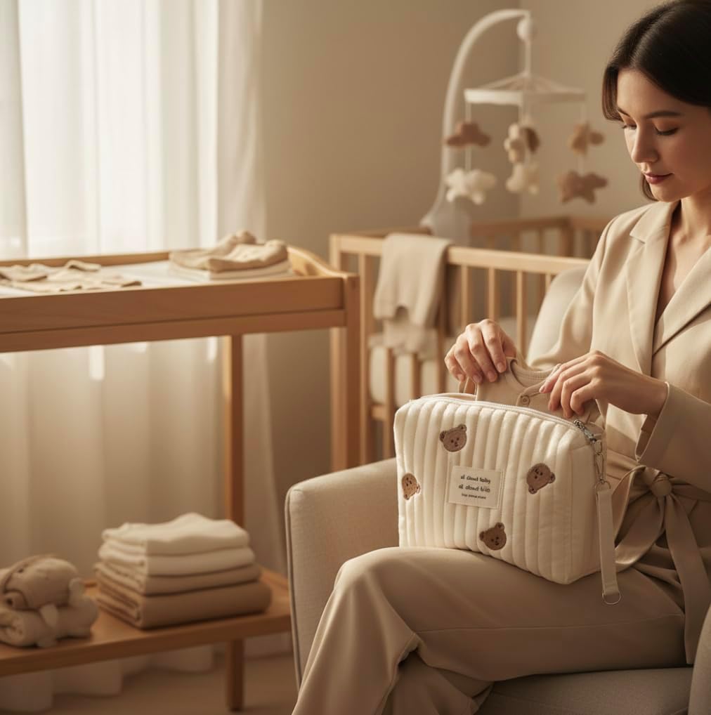 Quilted Diaper Bag with Full Bears Embroidery, Cotton, Adjustable Strap, Casual Style for Stroller, Cream White 9x8x3