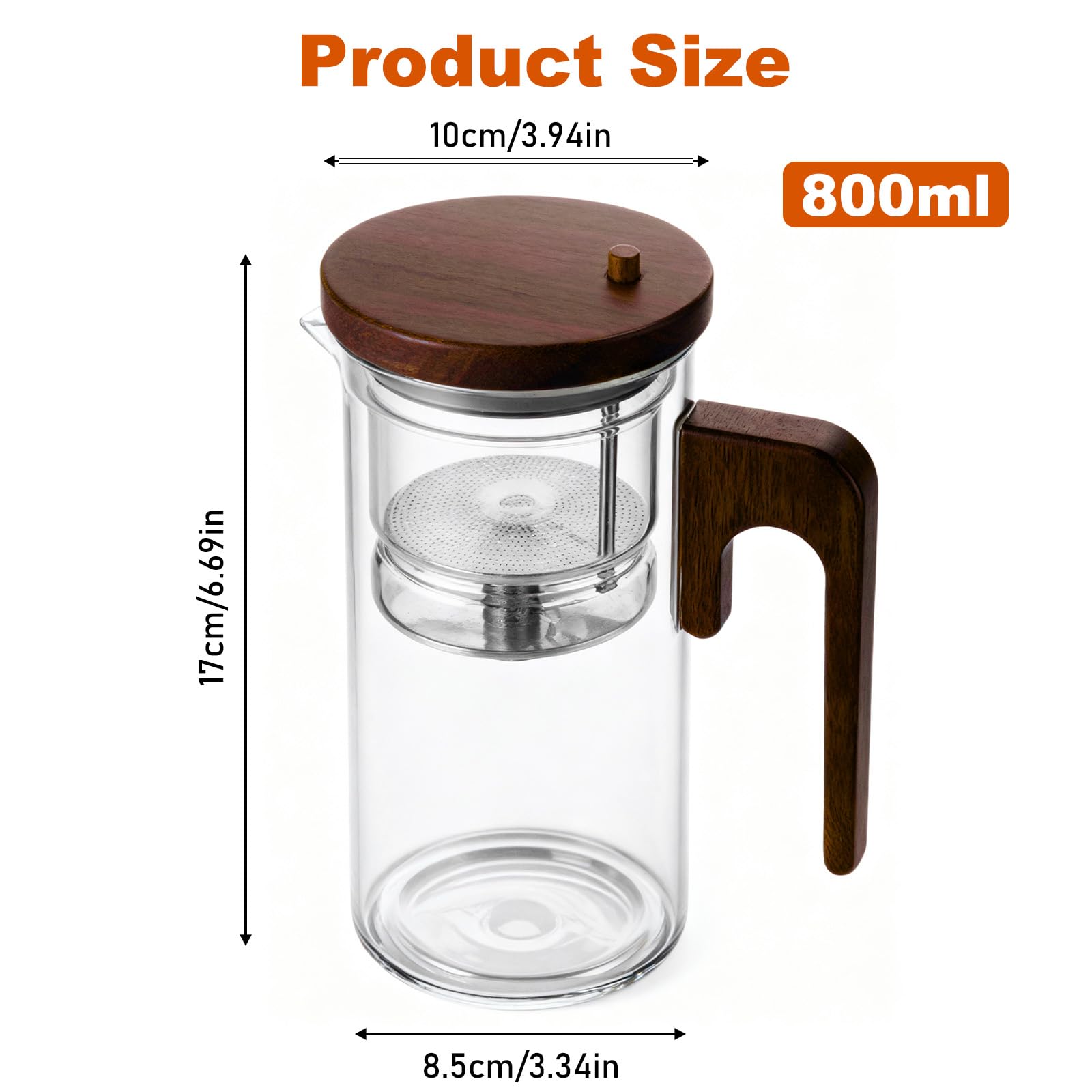 Tetera de cristal 800 ml colador de té borosilicato separadora de agua para té suelto transparente