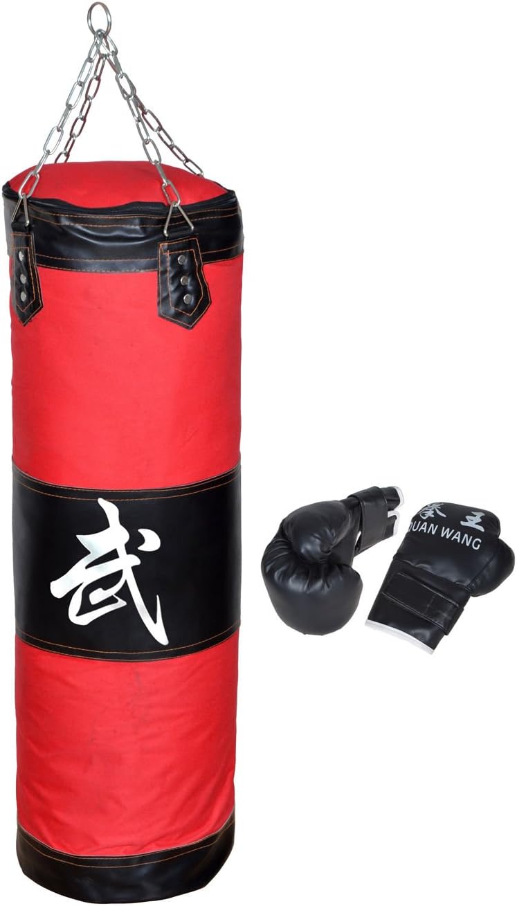 W-ShiG 39" Heavy Bags and Boxing gloves, MMA Boxing Heavy Punching Training Bag with Chain(Empty) + Boxing Gloves Set Kit Taekwondo Training Fitness Heavy Boxing Sand Bag Workout Muay Thai Kick Bag