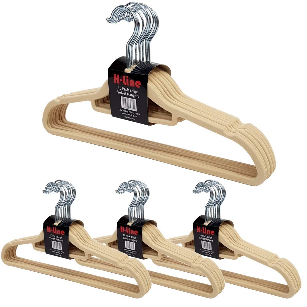 H-line 40 x Non Slip Flocked Velvet Coat Clothes Hangers Trouser Hanging Space Saving (Beige) โ image 1