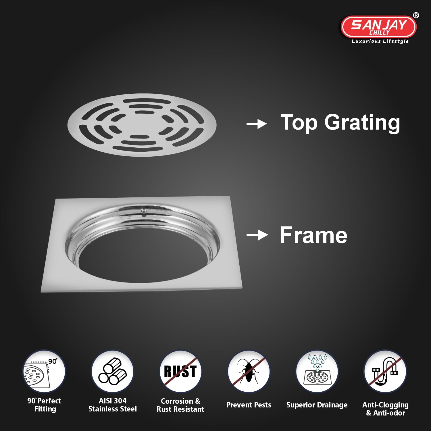 Sanjay Chilly Stainless Steel Floor Drain Sink Top Cover Jali 304 Grade for Bathroom Gratings Waste Water Drainer Strainer Anti Odor Bathtub Washbasin Toilet Washroom (Square Ringo 4 x 4 INCH Silver) 2