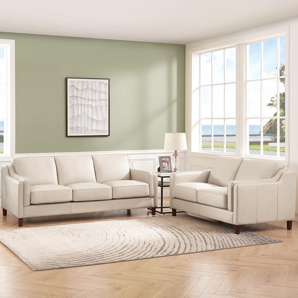 Hydeline Bella Top Grain Leather Sofa and Loveseat Set, Vanilla White, Feather Down, Memory Foam and Springs Seating