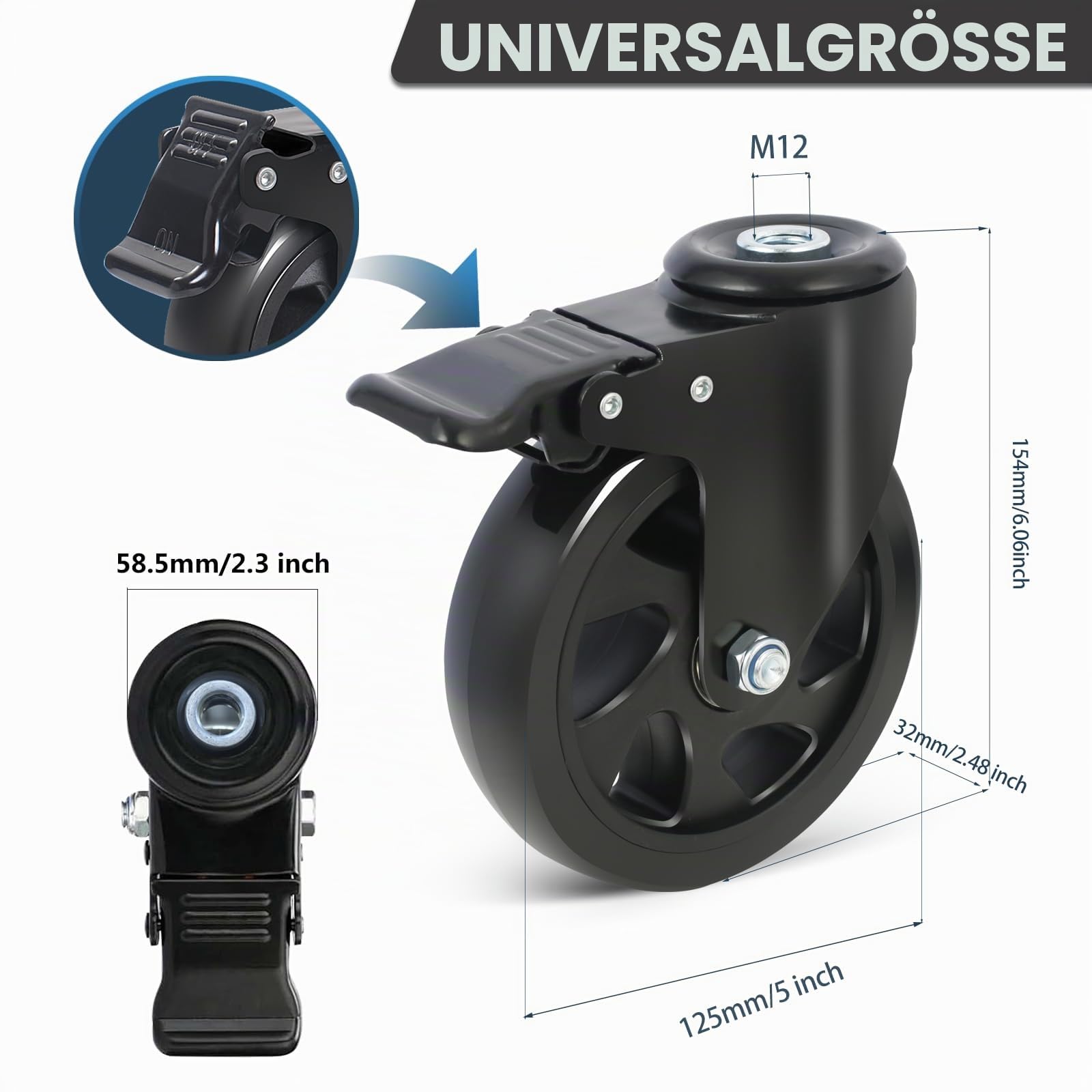 125mm Lenkrollen mit M12 Rückenloch, 4 Möbelrolle mit Bremse bis 650KG