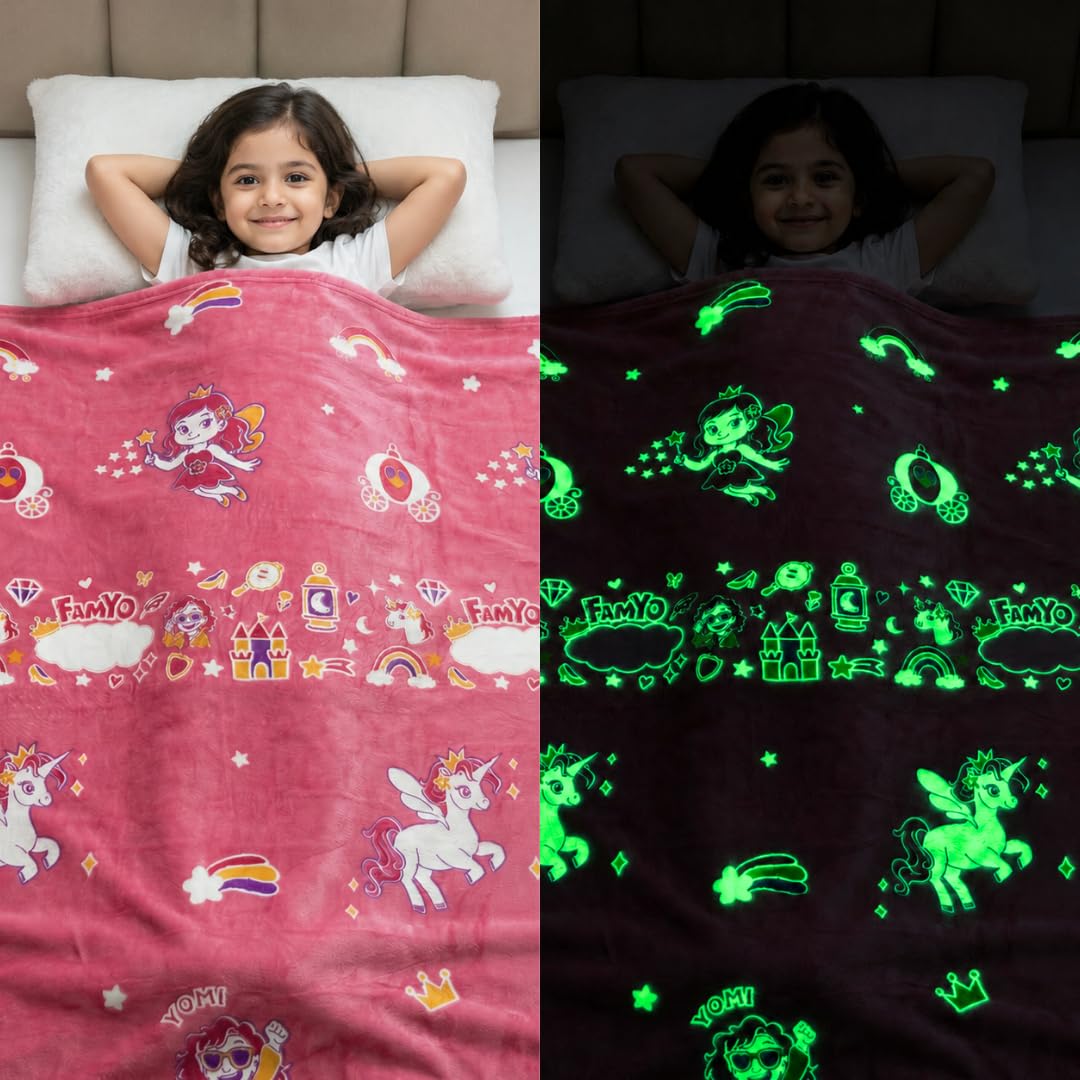 Famyo® GlowMaxx Glow in The Dark Blanket for Kids - June The Unicorn for Kids 0–15 Yrs | 200×152 cm Queen Size | Soft Flannel Throw Blanket | Lab-Tested | No Harmful Dyes