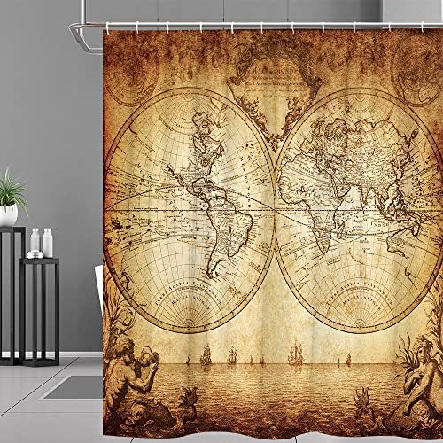 World Map Shower Curtain Retro Nautical Map Nostalgic Pirate Hunting Ship Mermaid History Hemispheres Brown Vintage Bathroom Decor Curtains Polyester Fabric with Hooks 70Wx70H Inch