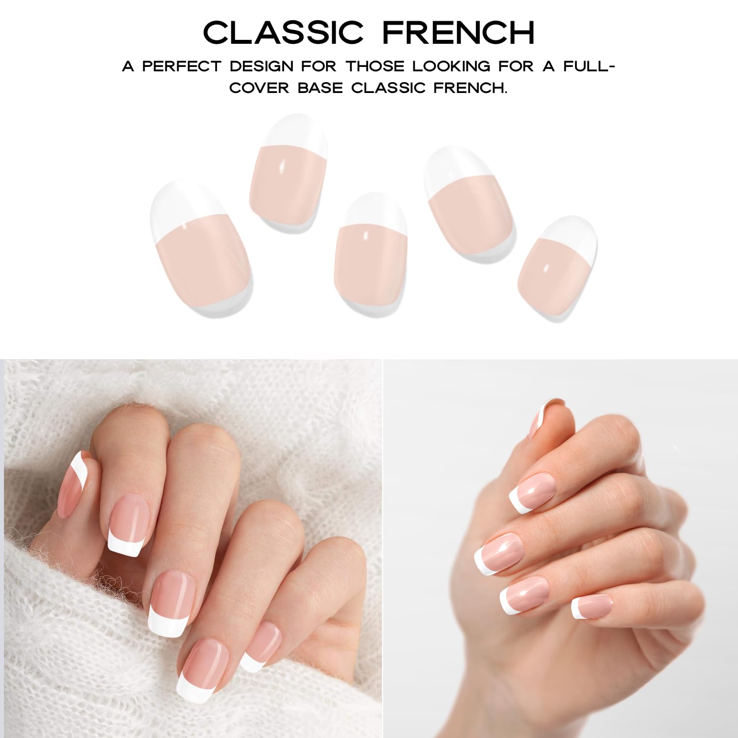 Adora Couture Semi Cured Gel Nail Strips with 30 Pieces, Salon Quality Nail Wraps for Women, White French Tip Beige UV Gel Nail Stickers, UV Light Required, Classic French